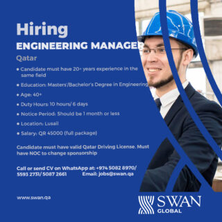 We are Hiring Engineering Manager
Kindly share your CV’s @ jobs@swan.qa or reach out to us via WhatsApp +974 -50828970/55932731/50872661
www.swan.qa
#manpower #humanresources #jobvacancy #jobsearch #outsourcing #Qatarjobs #Qatarhiring #JobsinQatar #Recuriting #recruitment #jobs #staffing #job #shrm #jobseeker #Nowhiring #SWANGLOBAL #jobhunt #hr #cv #career #Hiringnow