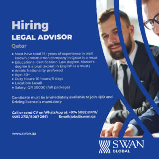 We are Hiring Legal Advisor
Kindly share your CV’s @ jobs@swan.qa or reach out to us via WhatsApp +974 -50828970/55932731/50872661
www.swan.qa
#manpower #humanresources #jobvacancy #jobsearch #outsourcing #Qatarjobs #Qatarhiring #JobsinQatar #Recuriting #recruitment #jobs #staffing #job #shrm #jobseeker #Nowhiring #SWANGLOBAL #jobhunt #hr #cv #career #Hiringnow