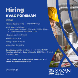 We are Hiring HVAC Foreman
Kindly share your CV’s @ pranali.ware@swan.qa or reach out to us via WhatsApp +974 3303 6125
www.swan.qa
#manpower #humanresources #jobvacancy #jobsearch #outsourcing #Qatarjobs #Qatarhiring #JobsinQatar #Recuriting #recruitment #jobs #staffing #job #shrm #jobseeker #Nowhiring #SWANGLOBAL #jobhunt #hr #cv #career #Hiringnow