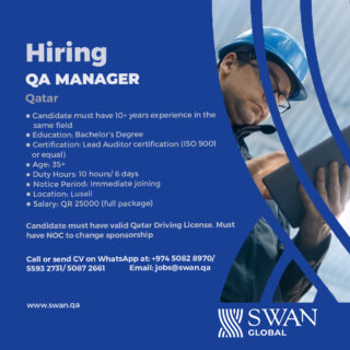 We are Hiring QA Manager
Kindly share your CV’s @ jobs@swan.qa or reach out to us via WhatsApp +974 -50828970/55932731/50872661
www.swan.qa
#manpower #humanresources #jobvacancy #jobsearch #outsourcing #Qatarjobs #Qatarhiring #JobsinQatar #Recuriting #recruitment #jobs #staffing #job #shrm #jobseeker #Nowhiring #SWANGLOBAL #jobhunt #hr #cv #career #Hiringnow