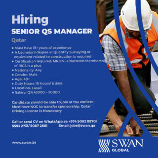 We are Hiring Senior QS Manager
Kindly share your CV’s @ jobs@swan.qa or reach out to us via WhatsApp +974 -50828970/55932731/50872661
www.swan.qa
#manpower #humanresources #jobvacancy #jobsearch #outsourcing #Qatarjobs #Qatarhiring #JobsinQatar #Recuriting #recruitment #jobs #staffing #job #shrm #jobseeker #Nowhiring #SWANGLOBAL #jobhunt #hr #cv #career #Hiringnow