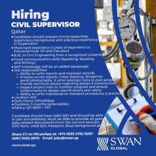 We are Hiring Civil Supervisor
Kindly share your CV’s @ jobs@swan.qa or reach out to us via WhatsApp +97455932731/ 50872661/50828970
www.swan.qa
#manpower #humanresources #jobvacancy #jobsearch #outsourcing #Qatarjobs #Qatarhiring #JobsinQatar #Recuriting #recruitment #jobs #staffing #job #shrm #jobseeker #Nowhiring #SWANGLOBAL #jobhunt #hr #cv #career #Hiringnow
