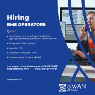 We are Hiring BMS Operators
Kindly share your CV’s @ jobs@swan.qa or reach out to us via WhatsApp +974 50872661/55932731/50828970
www.swan.qa
#manpower #humanresources #jobvacancy #jobsearch #outsourcing #Qatarjobs #Qatarhiring #JobsinQatar #Recuriting #recruitment #jobs #staffing #job #shrm #jobseeker #Nowhiring #SWANGLOBAL #jobhunt #hr #cv #career