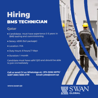 We are Hiring BMS Technician
Kindly share your CV’s @ jobs@swan.qa or reach out to us via WhatsApp +974 50828970/50872661/55932731
www.swan.qa
#manpower #humanresources #jobvacancy #jobsearch #outsourcing #Qatarjobs #Qatarhiring #JobsinQatar #Recuriting #recruitment #jobs #staffing #job #shrm #jobseeker #Nowhiring #SWANGLOBAL #jobhunt #hr #cv #career #Hiringnow